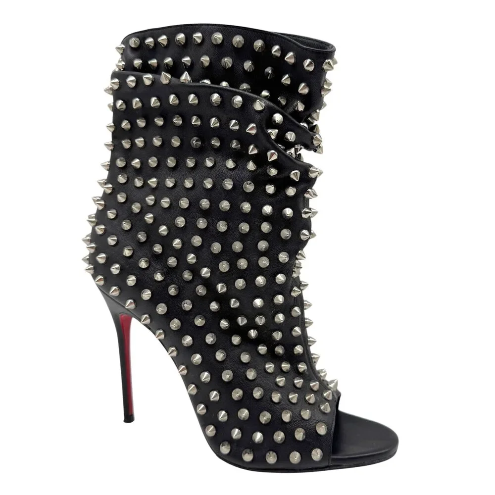 Christian Louboutin Black & Silver Spike Embellished Peep-Toe Heeled Booties